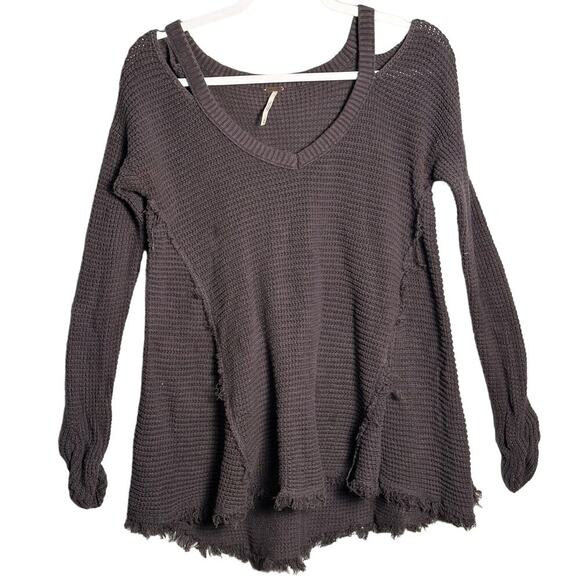 Free People Medium Moonshine Cold Shoulder Raw‎ Hem Swing Sweater Waffle Thermal - Picture 1 of 8